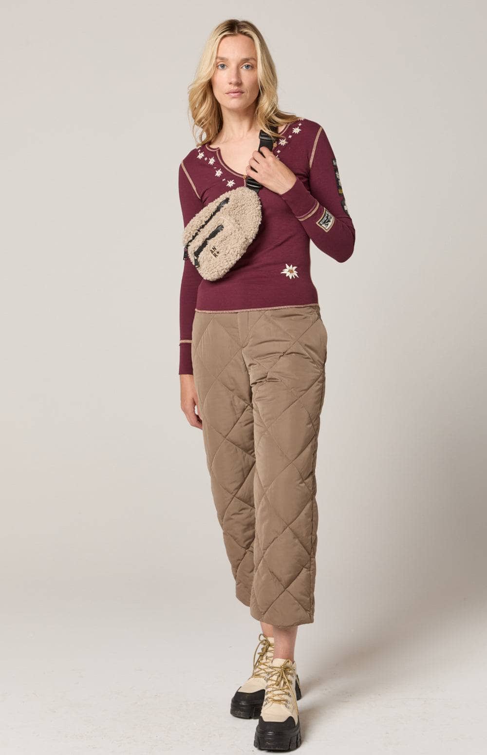 Edelweiss Henley Shirt by Alp N Rock, Women's Burgundy Henley Shirt with Embroidered Details at Neck and Arm Patches