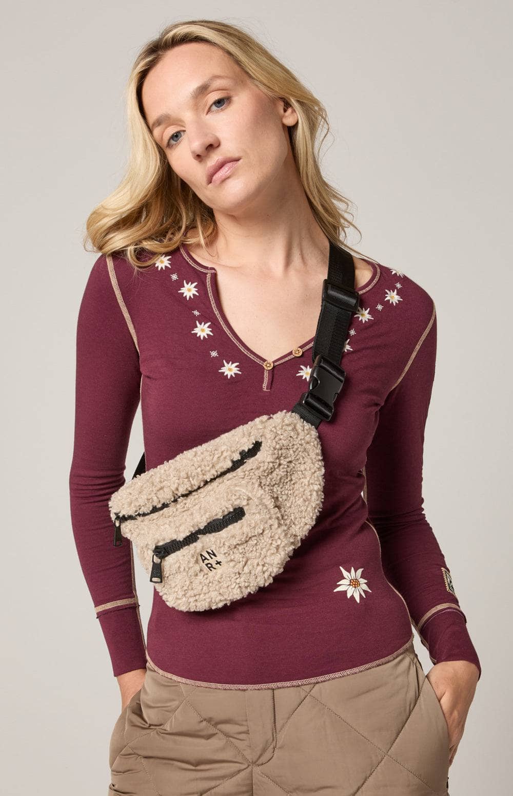 Edelweiss Henley Shirt by Alp N Rock, Women's Burgundy Henley Shirt With Embroidered Flowers and Ski Patches