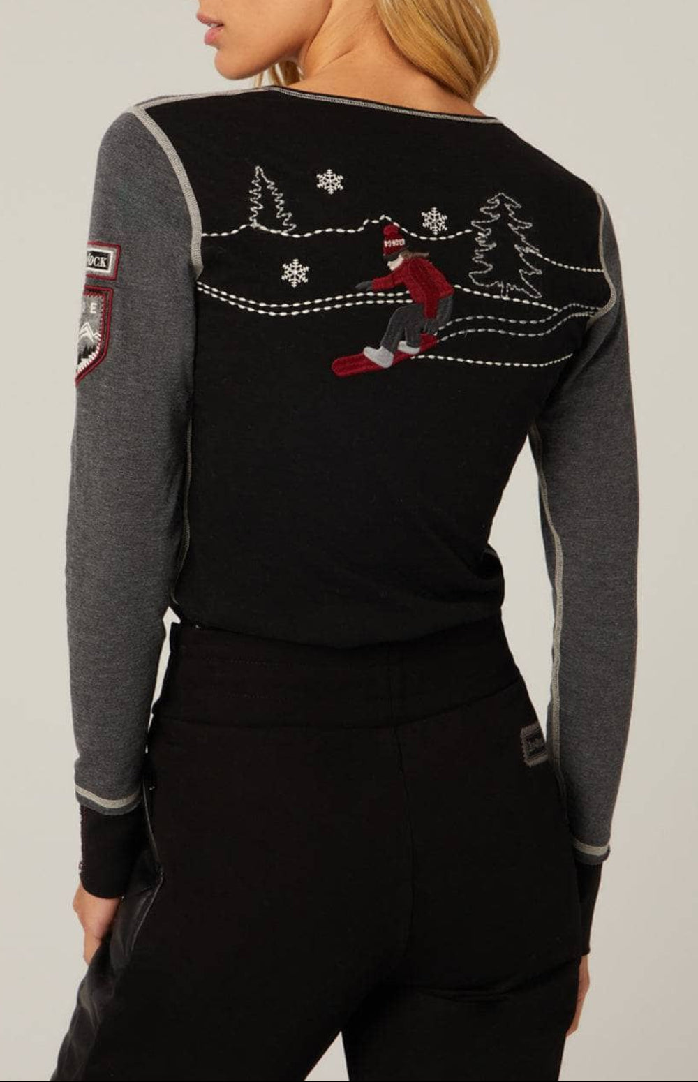Gigi Henley by Alp N Rock, Women's Black Henley Shirt with Grey Sleeves and Embroidered Ski Design on Back