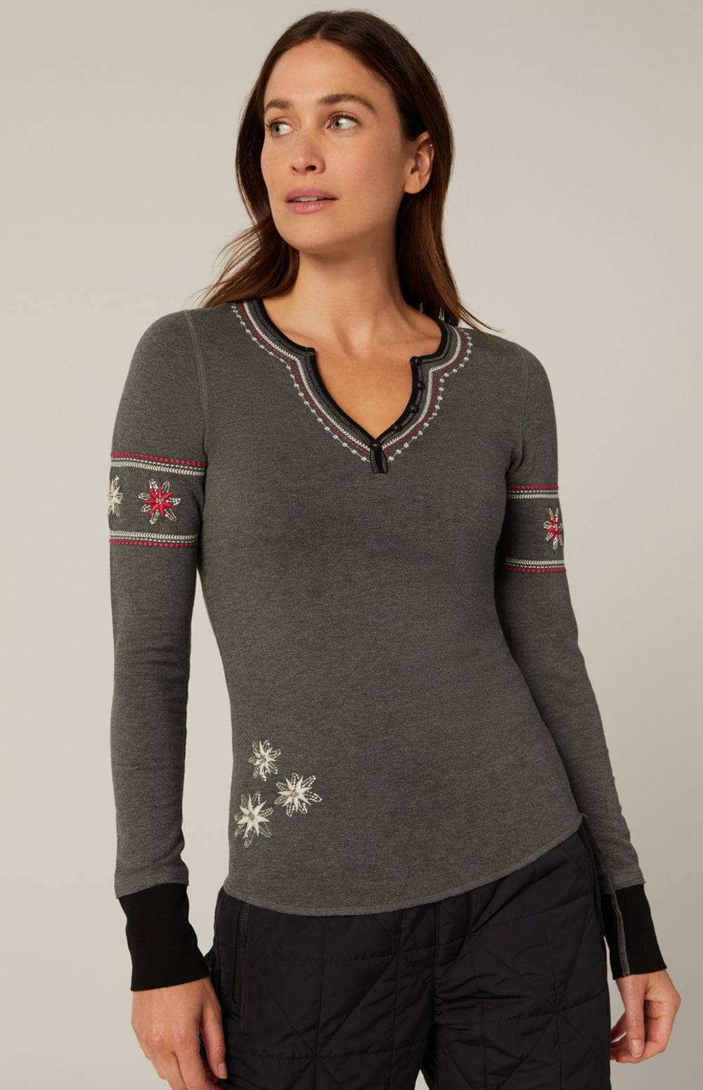 Les Apres Henley Shirt by Alp N Rock, Women's Grey Long Sleeve Shirt with Embroidered Snowflakes and Les Apres Lettering on Back