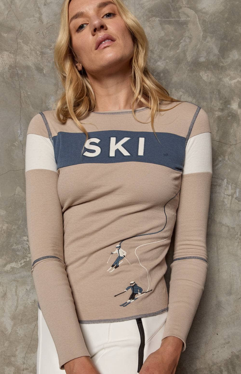 Retro Apres Crew by Alp N Rock, Women's Beige Apres Ski Long Sleeve Shirt with Ski Lettering on Chest and Embroidered Skiers