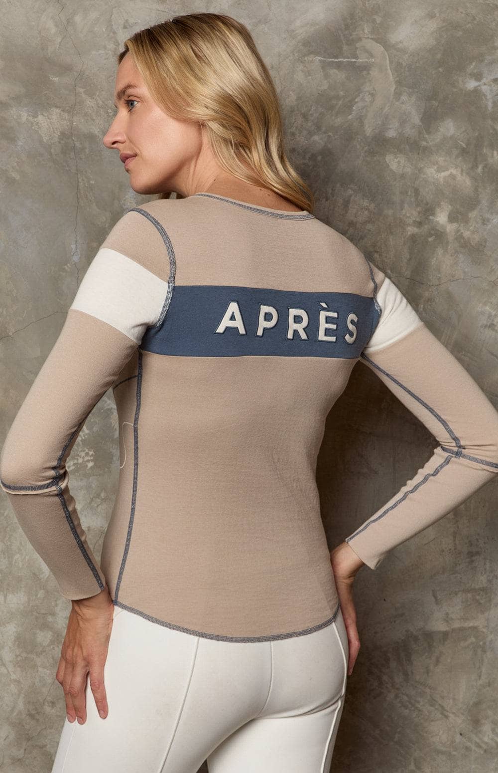 Retro Apres Crew by Alp N Rock, Women's Beige Apres Ski Long Sleeve Shirt with Ski Lettering on Chest and Embroidered Skiers