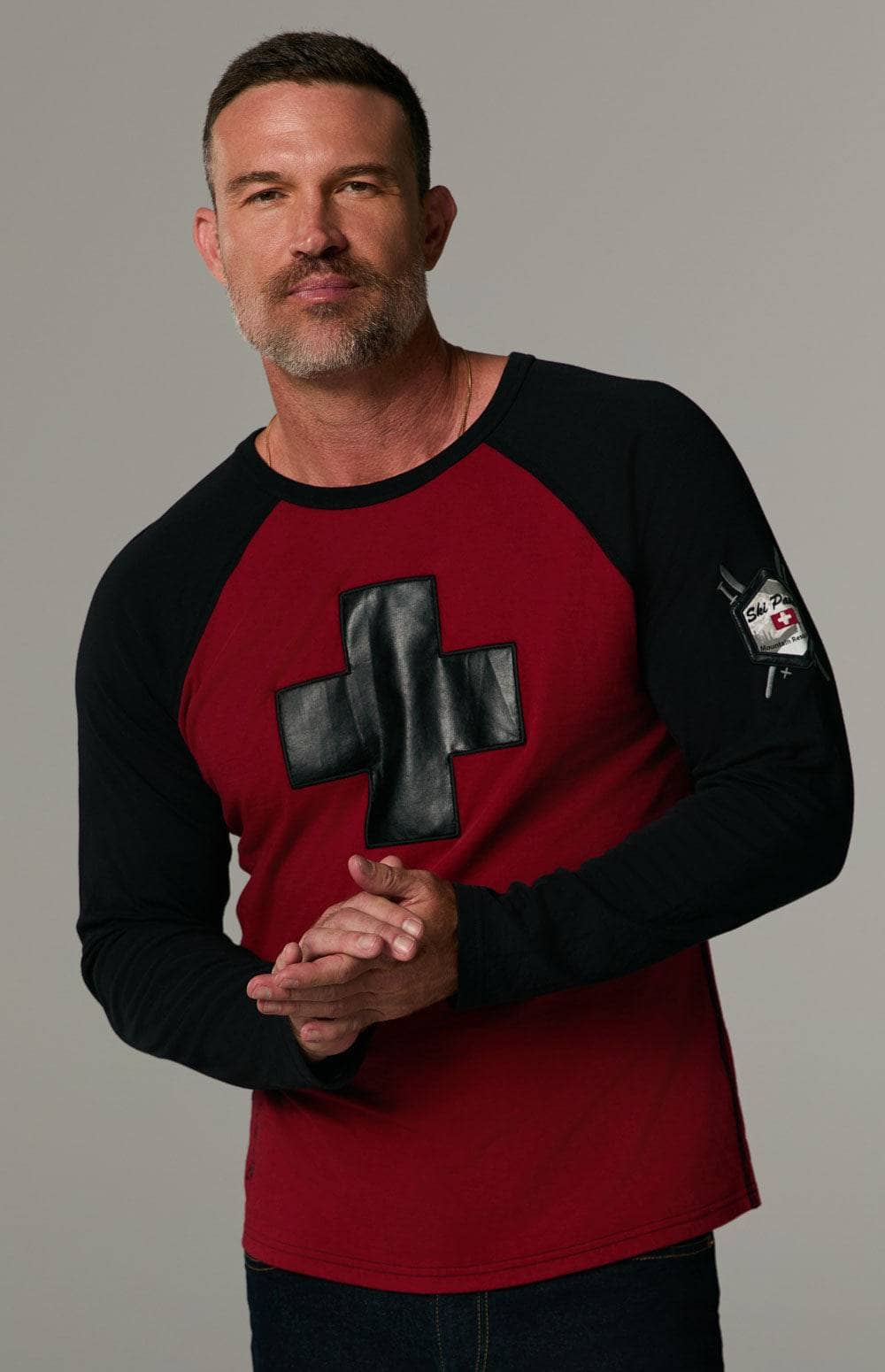 Ski Patrol Crew by Alp N Rock, Men's Red and Black Long Sleeve Shirt with Faux Leather Cross on Chest