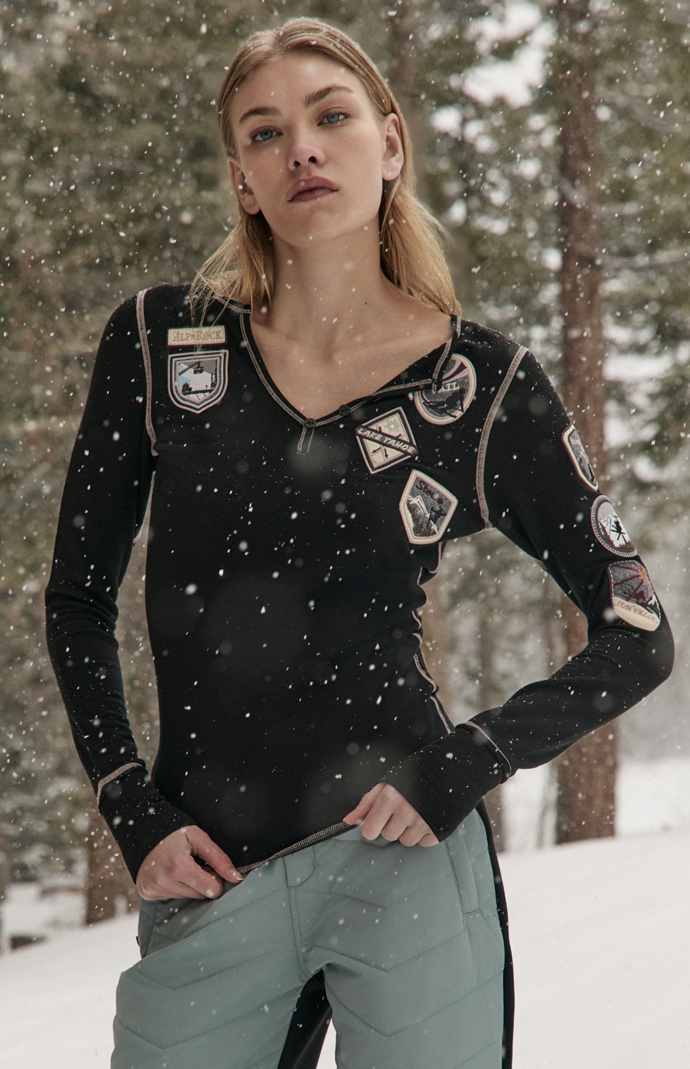 Alp N Rock USA Resorts Henley, black henley shirt for women with USA ski resort patches on the front and back