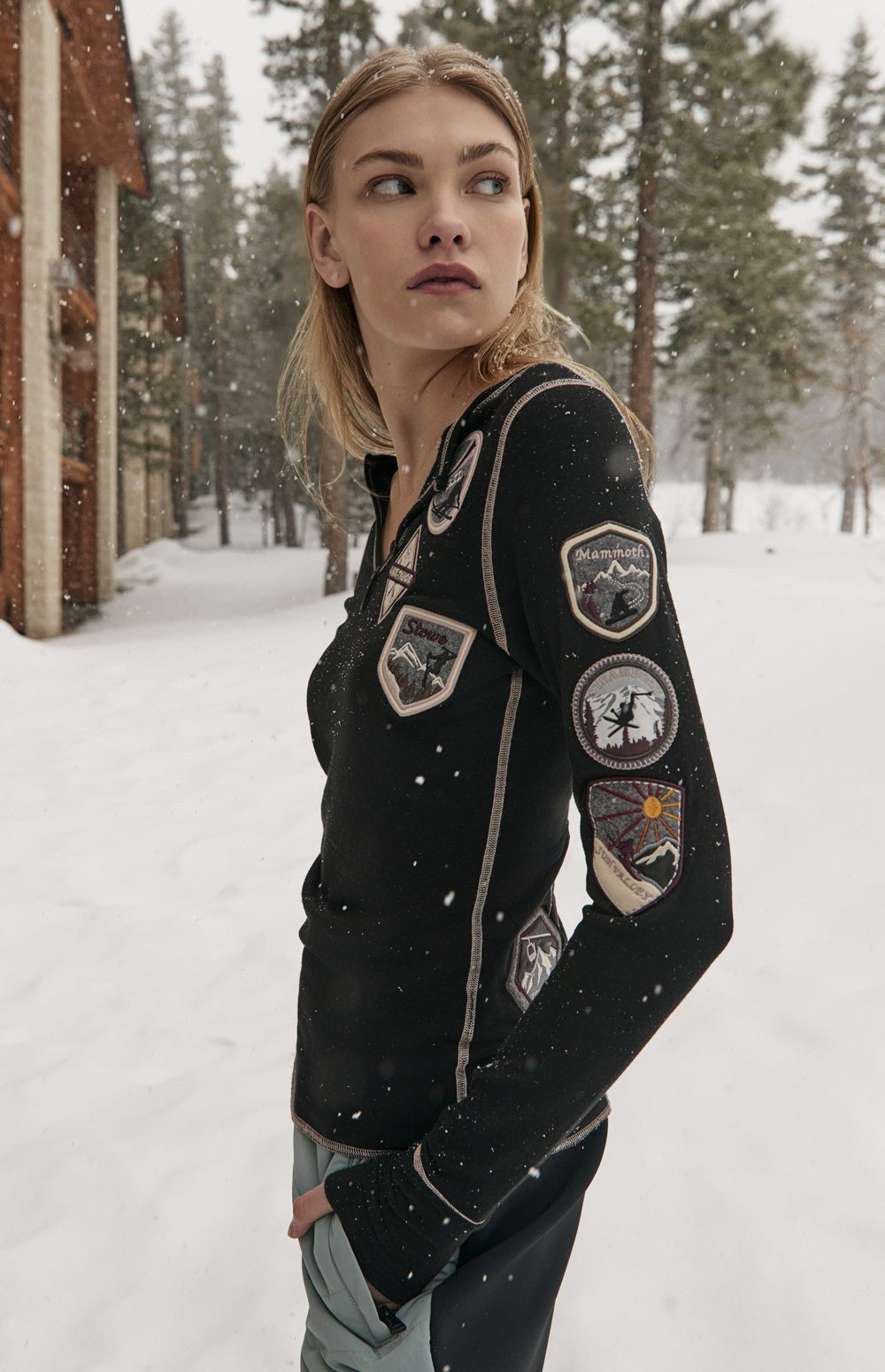 Alp N Rock USA Resorts Henley, black henley shirt for women with USA ski resort patches on the front and back