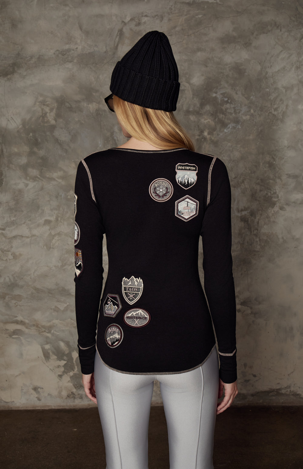 Alp N Rock USA Resorts Henley, black henley shirt for women with USA ski resort patches on the front and back