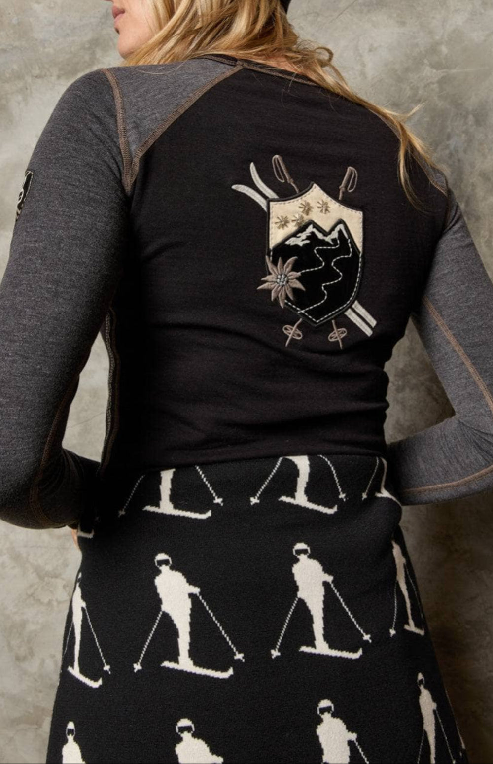 Chantal Crew by Alp N Rock, Women's Crew Shirt in Black and Heather Grey With Embroidery and Patch