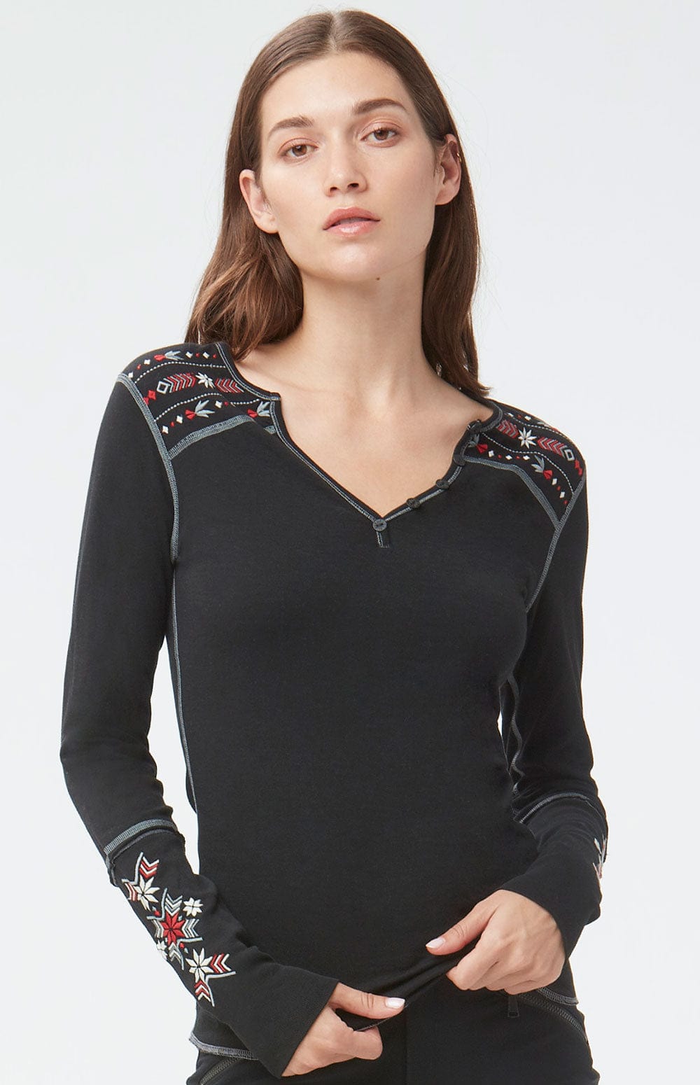 Anabel Henley Shirt by Alp N Rock, Women's Black Henley Shirt with Red and White Embroidery on the Shoulders and Sleeves
