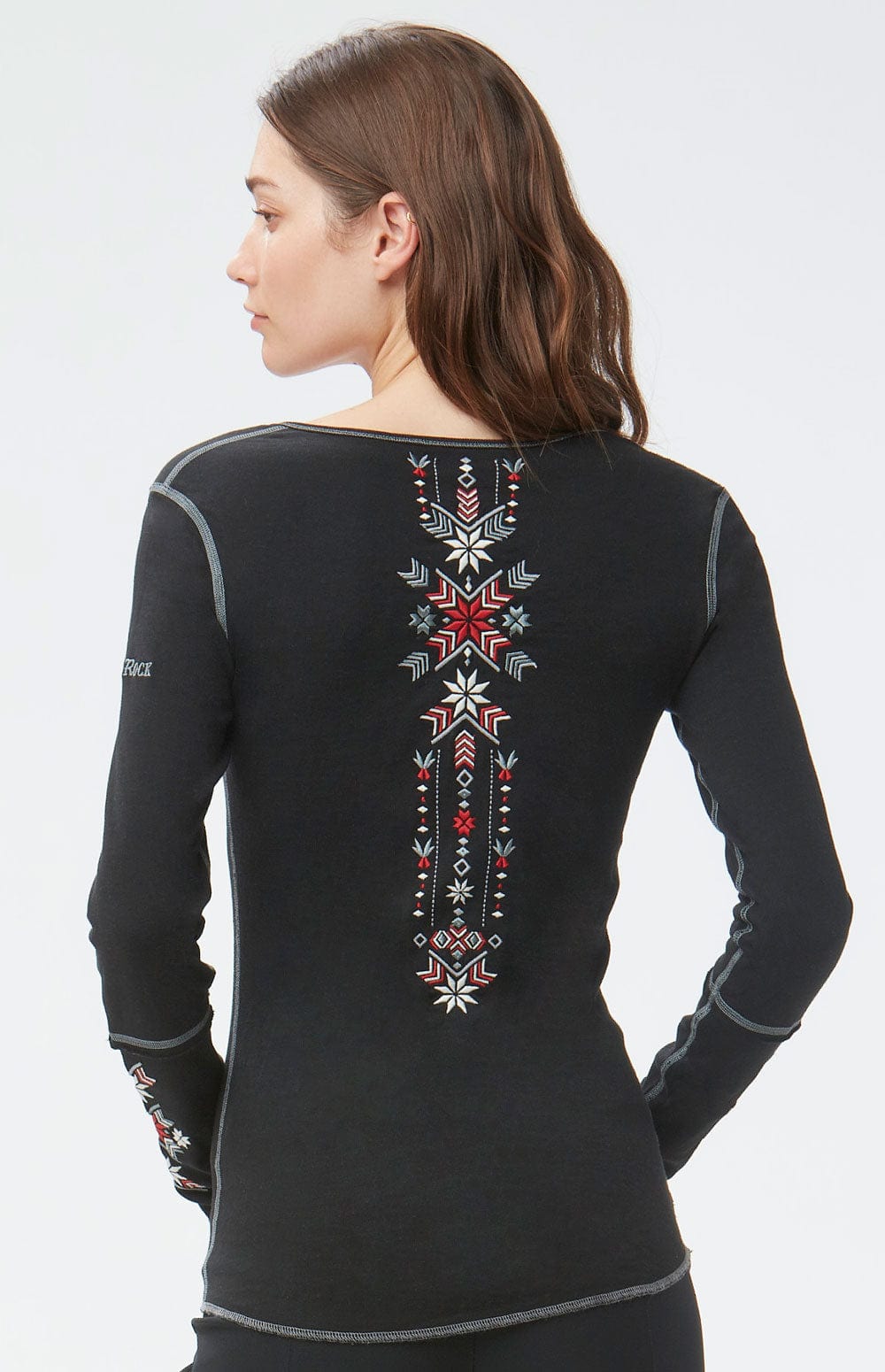 Anabel Henley Shirt by Alp N Rock, Women's Black Henley Shirt with Red and White Embroidery on the Shoulders and Sleeves