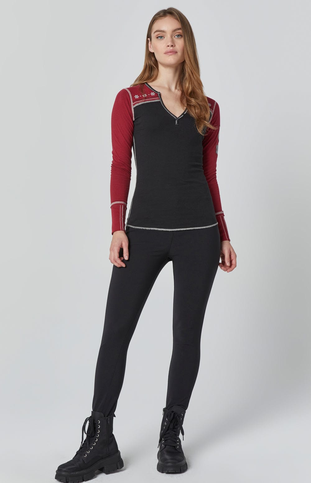 Cross Country Henley Shirt by Alp N Rock, Women's Black Long Sleeve Shirt with Red Sleeves, Button Neck, Embroidery, and Ski Patches