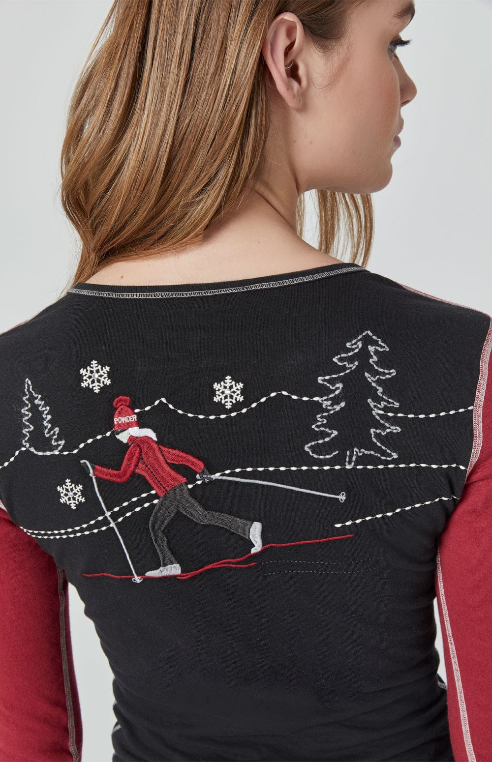 Cross Country Henley Shirt by Alp N Rock, Women's Black Long Sleeve Shirt with Red Sleeves, Button Neck, Embroidery, and Ski Patches