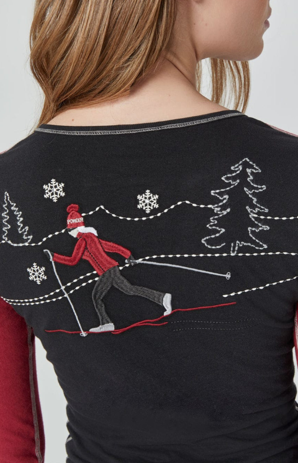 Cross Country Henley Shirt by Alp N Rock, Women's Black Long Sleeve Shirt with Red Sleeves, Button Neck, Embroidery, and Ski Patches