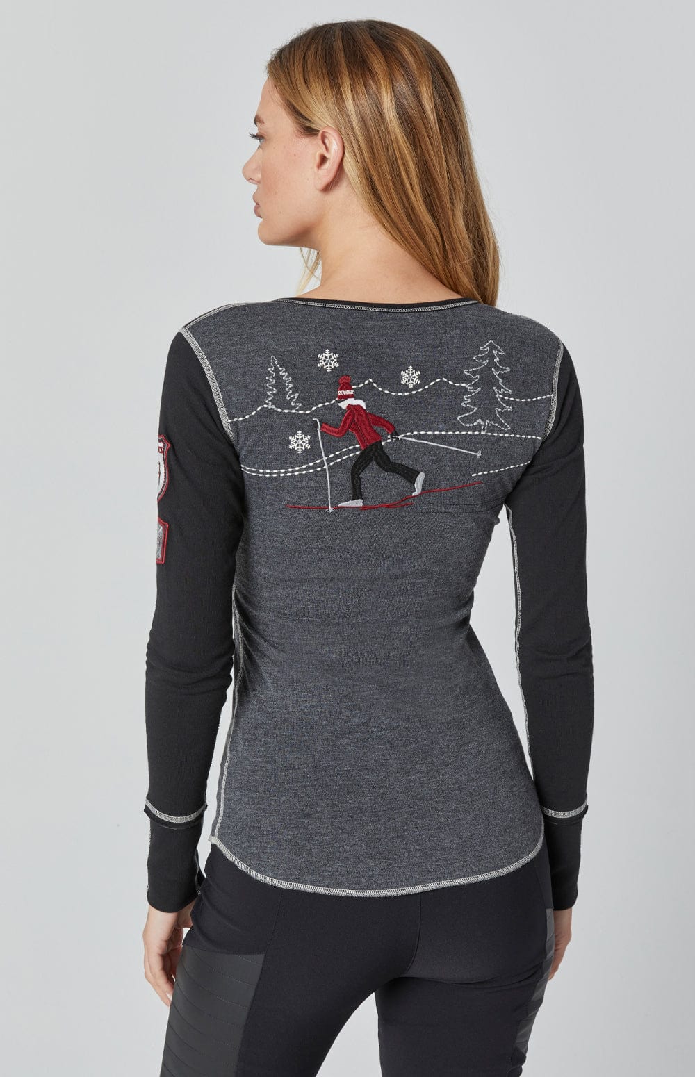 Cross Country Henley Shirt by Alp N Rock, Women's Grey Long Sleeve Shirt with Black Sleeves, Button Neck, Embroidery, and Ski Patches
