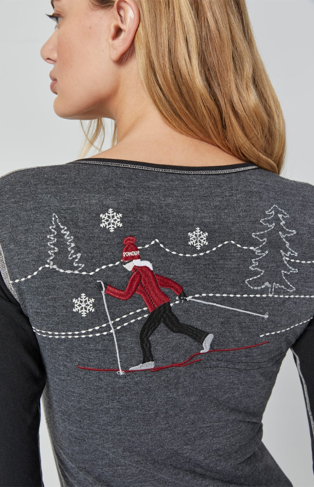 Cross Country Henley Shirt by Alp N Rock, Women's Grey Long Sleeve Shirt with Black Sleeves, Button Neck, Embroidery, and Ski Patches