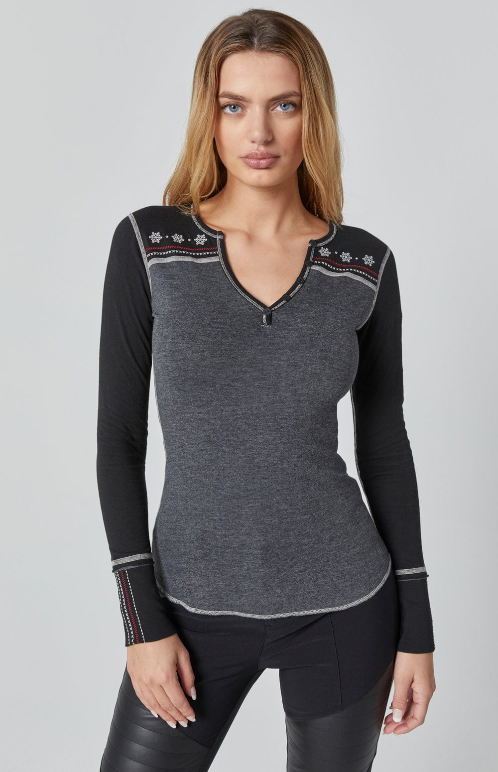 Cross Country Henley Shirt by Alp N Rock, Women's Grey Long Sleeve Shirt with Black Sleeves, Button Neck, Embroidery, and Ski Patches
