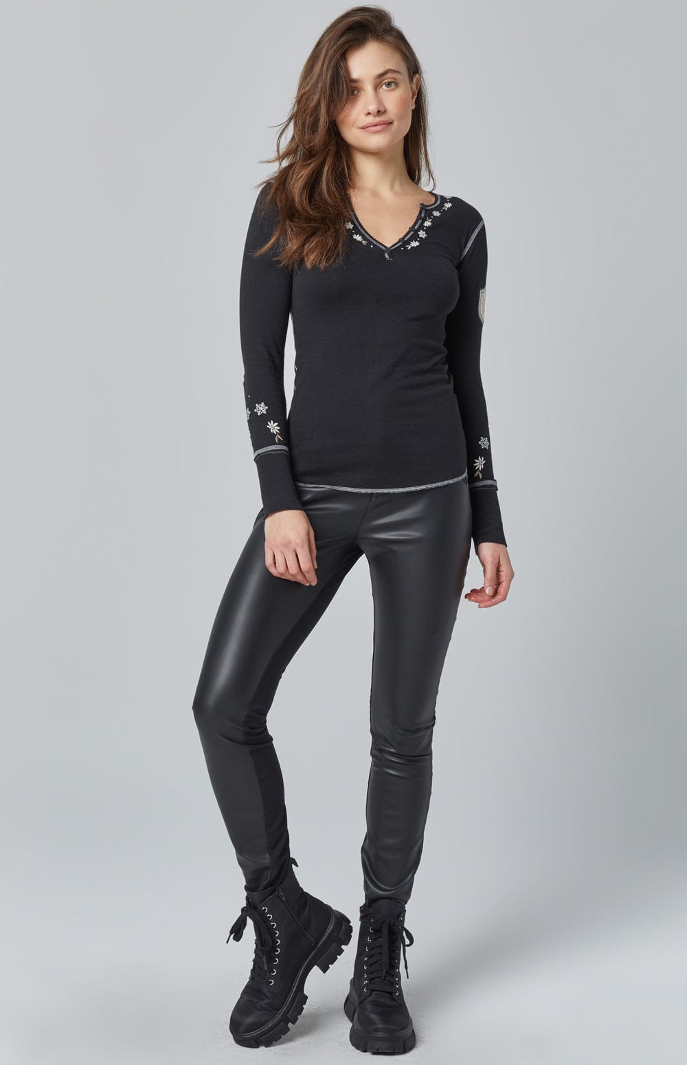 Loren Henley Shirt by Alp N Rock, Women's Black Henley Shirt with Embroidery at the Neck and Sleeves and Patch on Arm