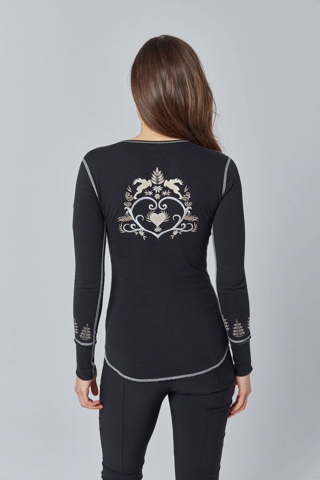 Loren Henley Shirt by Alp N Rock, Women's Black Henley Shirt with Embroidery at the Neck and Sleeves and Patch on Arm