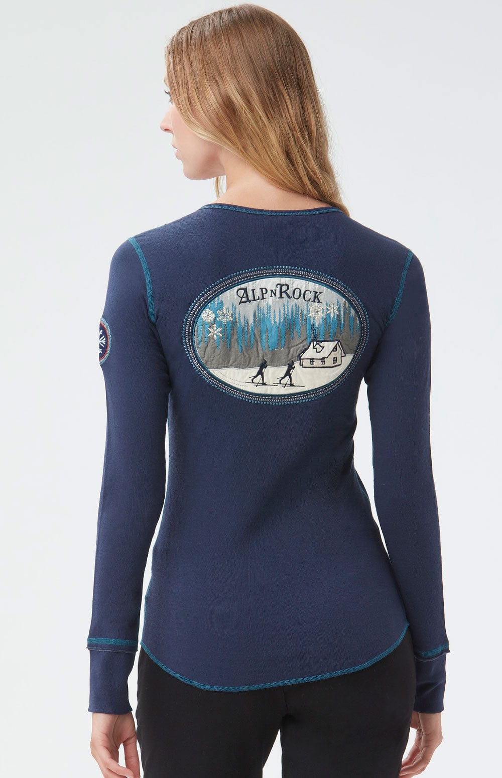 Nelia Henley Shirt by Alp N Rock, Women's Navy Long Sleeve Henley Shirt with Embroidered Snowflakes