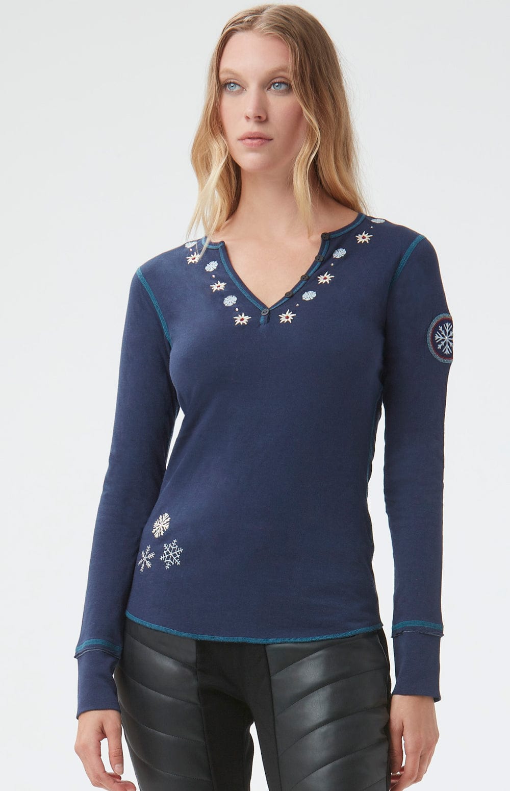 Nelia Henley Shirt by Alp N Rock, Women's Navy Henley Shirt with Embroidered Details at the Neck and Sleeves