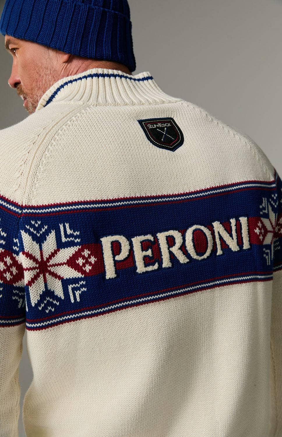 Peroni X Alp N Rock FairIsle Zip Sweater, Men's Ivory Half Zip Ski Sweater with Red and Blue Fair Isle Pattern