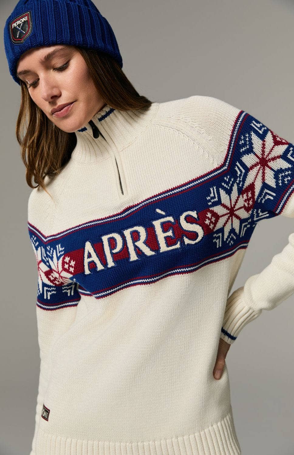 Peroni X Alp N Rock FairIsle Zip Sweater, Women's Ivory Half Zip Ski Sweater with Red and Blue Fair Isle Pattern