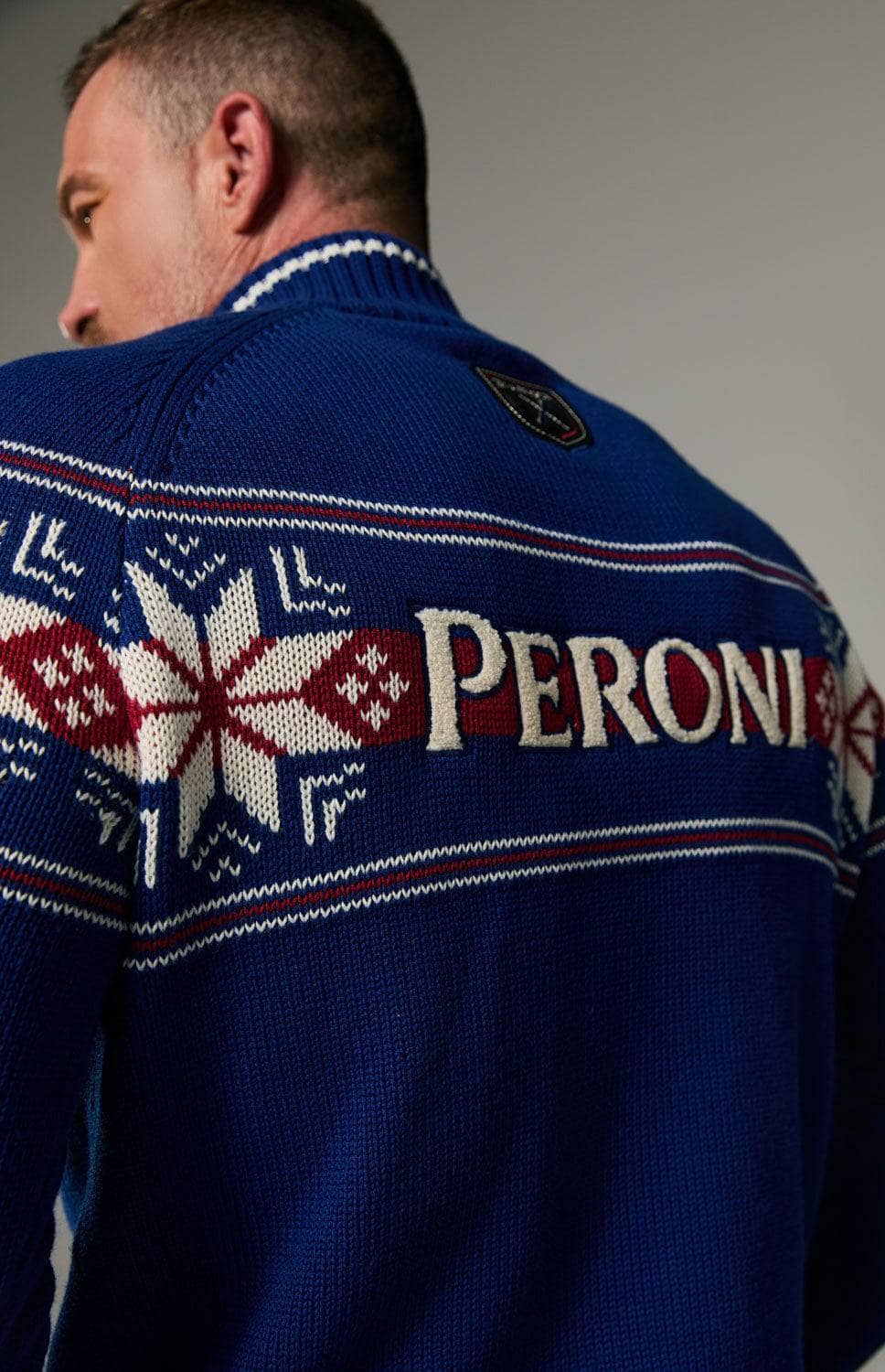 Peroni X Alp N Rock FairIsle Zip Sweater, Men's Blue Half Zip Ski Sweater with Red and White Fair Isle Pattern
