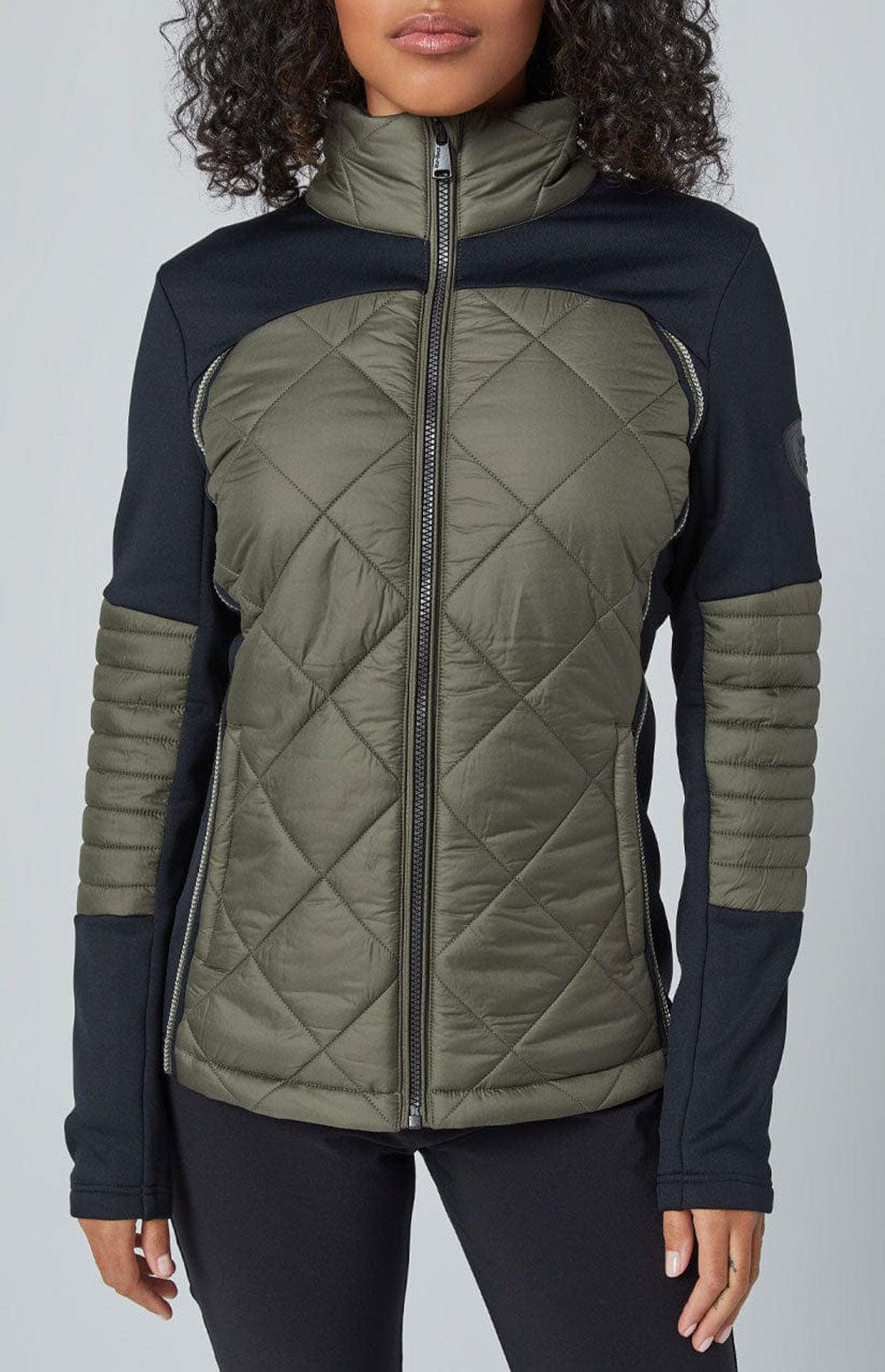 Freja Hybrid Jacket by Alp N Rock, Women's Olive Green Puffer Jacket with Black Stretch Fabric