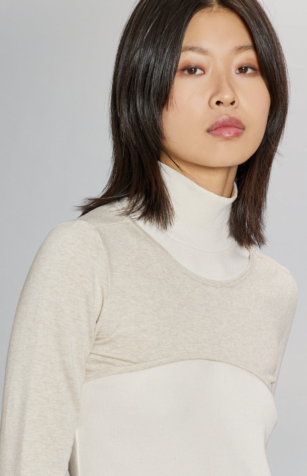 Marta Mock Neck by Alp N Rock, Women's White Long Sleeve Shirt with a Mock Neck and a Cropped Shrug Overlay