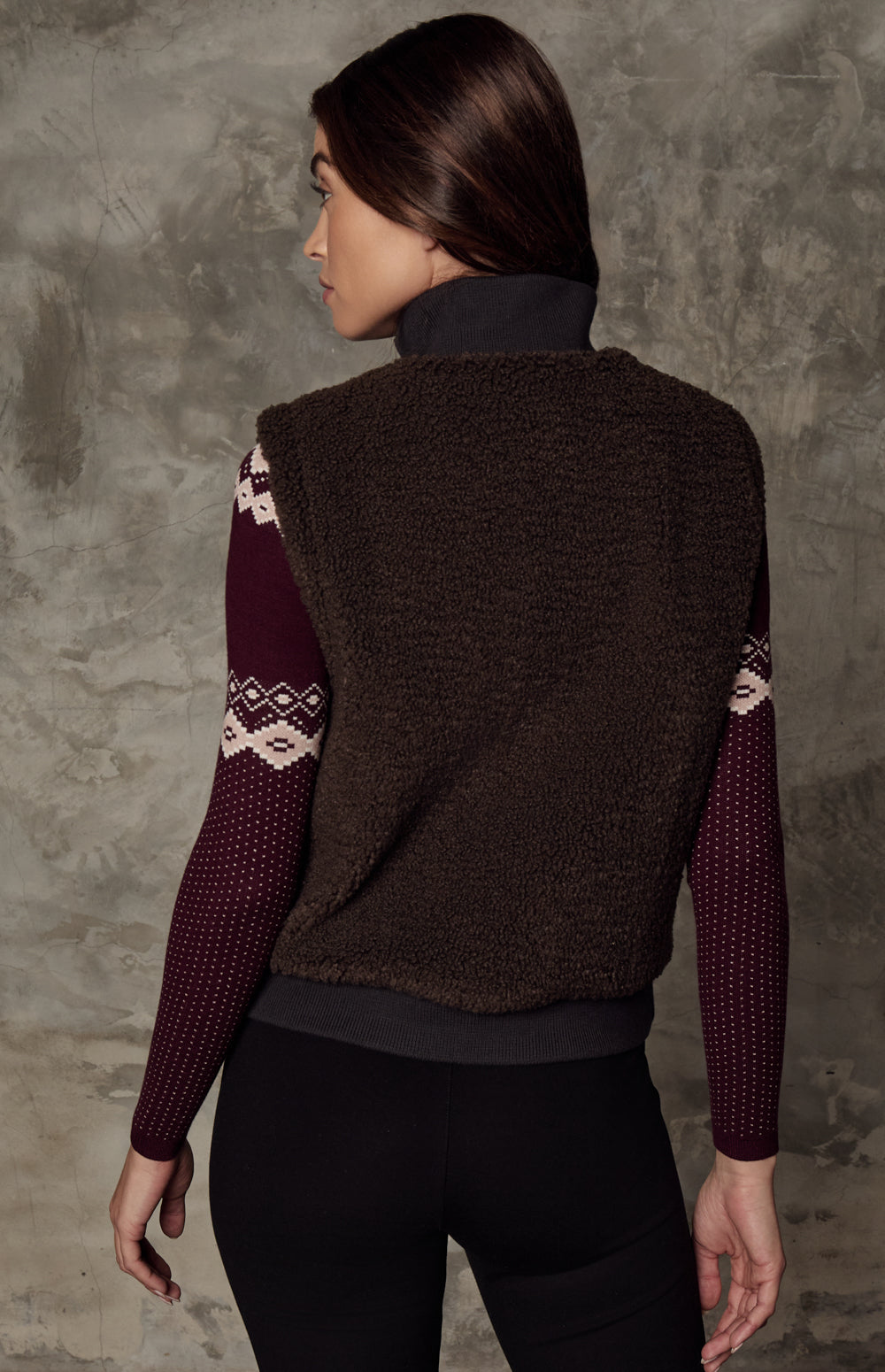 Alp N Rock Atlas Vest, black quilting and brown shearling reversible zip vest for women
