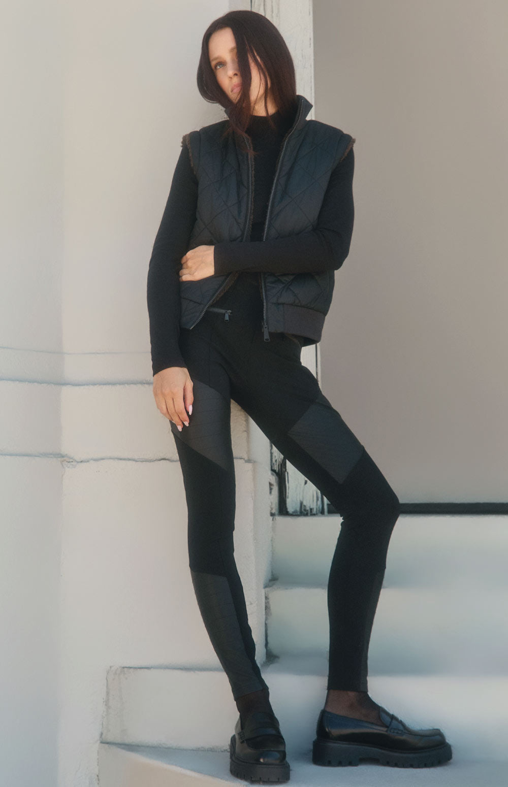 Alp N Rock Atlas Vest, black quilting and dark brown shearling reversible zip vest for women