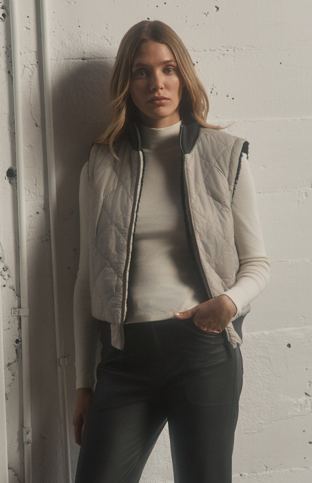 Alp N Rock Atlas Vest, beige quilting and black shearling reversible zip vest for women