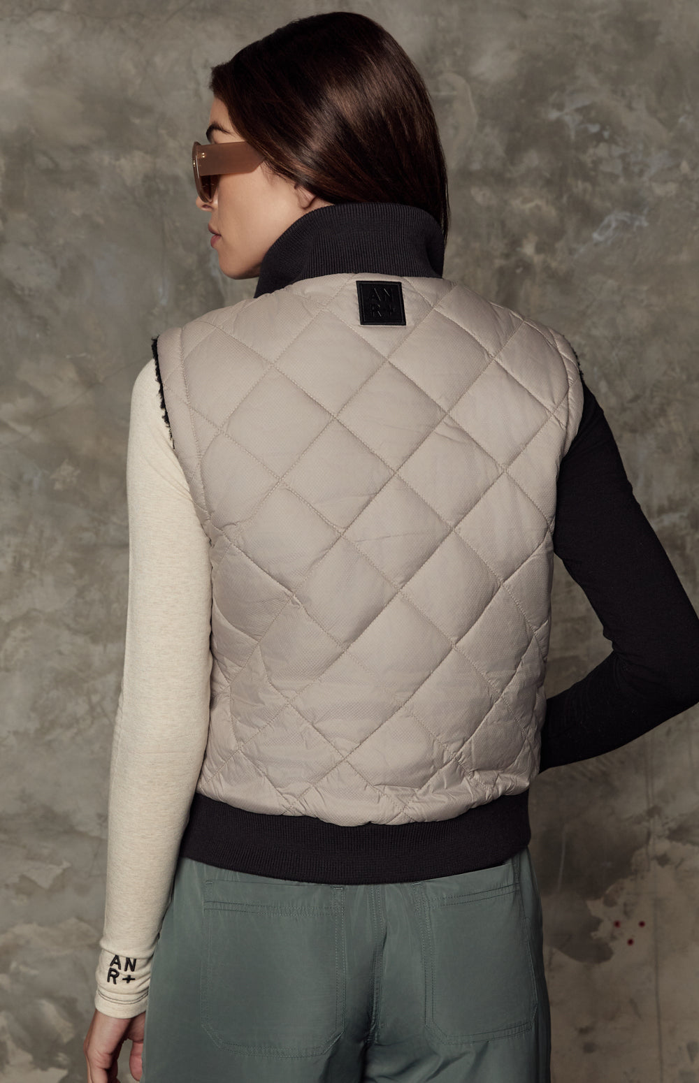 Alp N Rock Atlas Vest, beige quilting and black shearling reversible zip vest for women