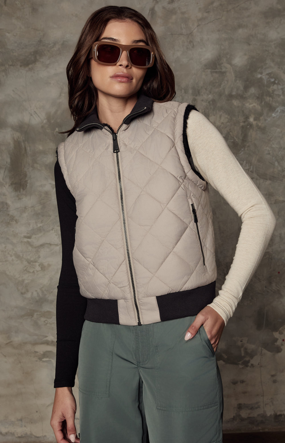 Alp N Rock Atlas Vest, beige quilting and black shearling reversible zip vest for women