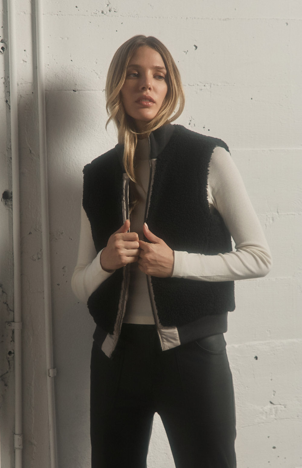 Alp N Rock Atlas Vest, beige quilting and black shearling reversible zip vest for women