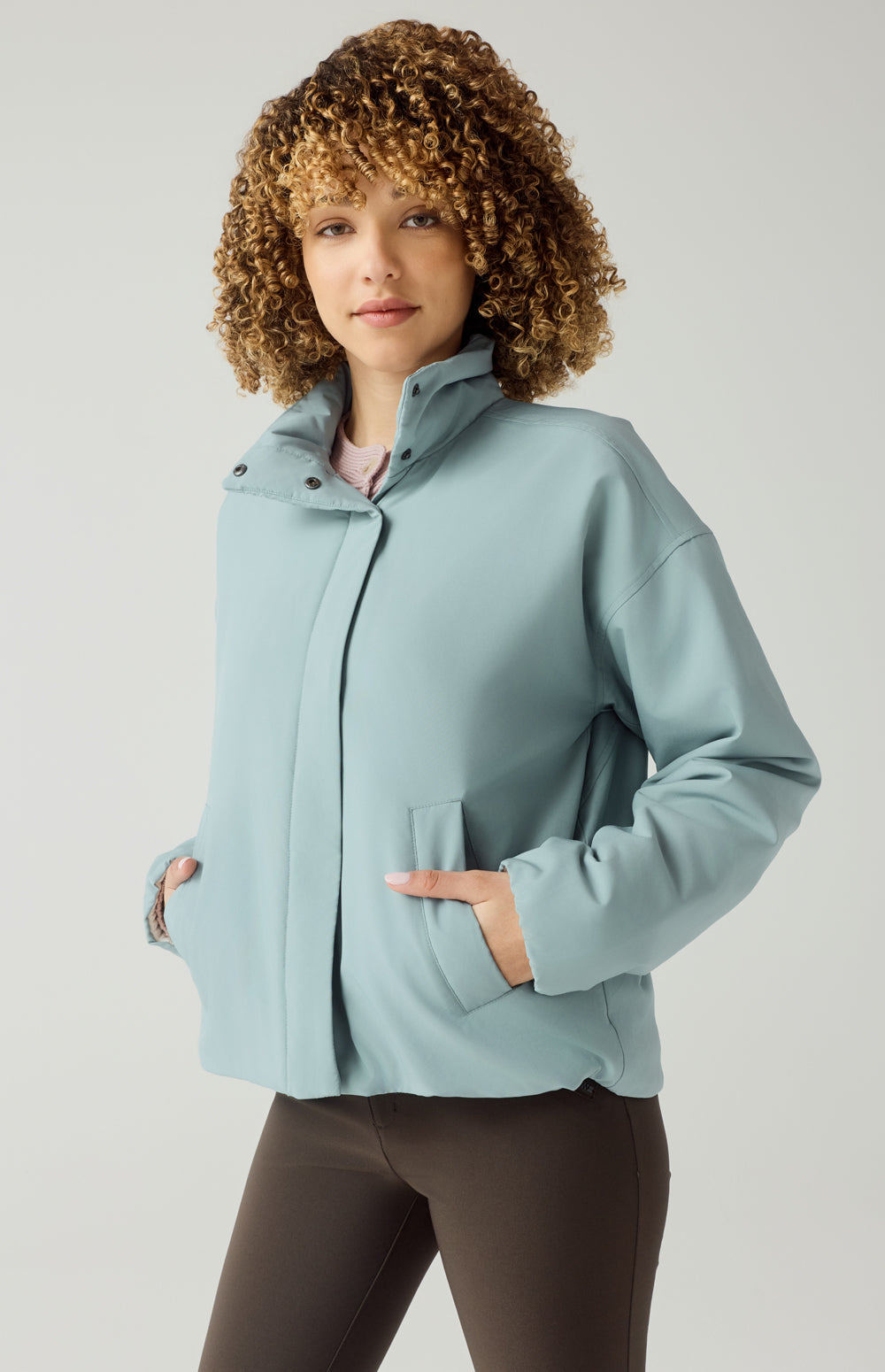 Alp N Rock Catalina Jacket, lightweight silver blue jacket for women with high neck and slant pockets