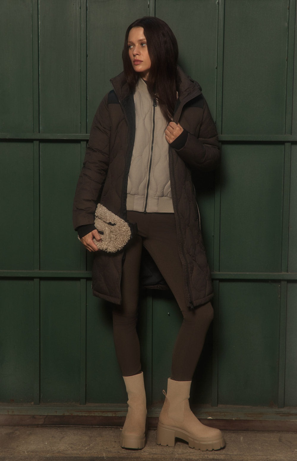 Alp N Rock Chamonix Long Jacket, dark brown quilted hooded long puffer coat for women
