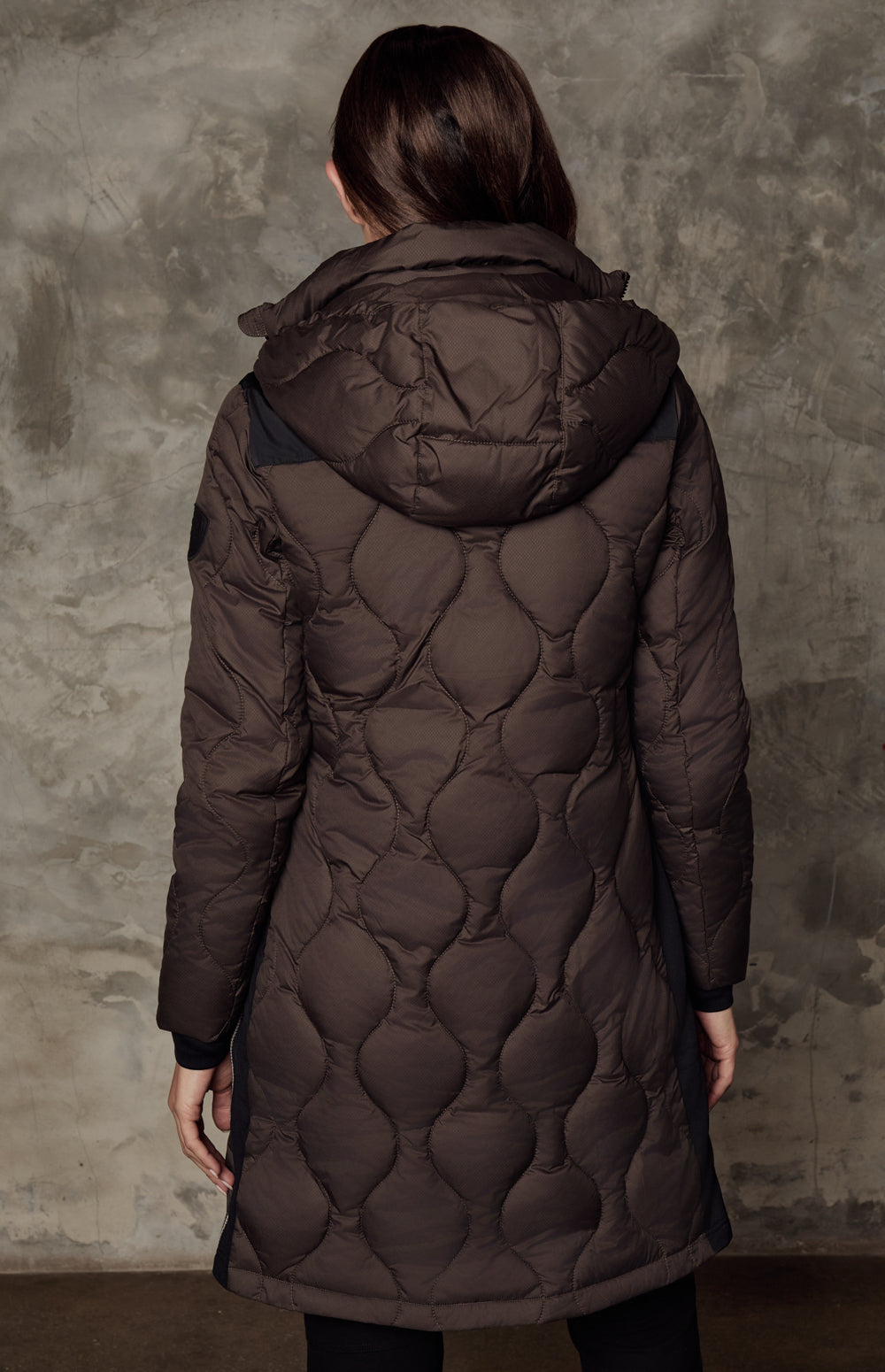 Alp N Rock Chamonix Long Jacket, dark brown quilted hooded long puffer coat for women