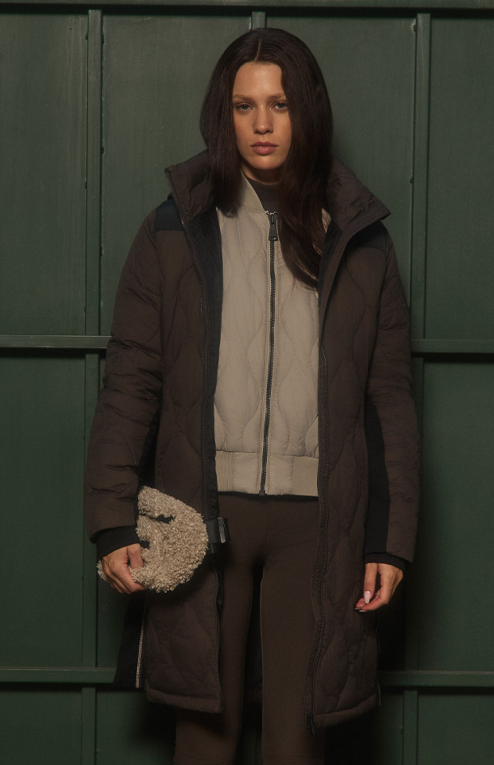 Alp N Rock Chamonix Long Jacket, dark brown quilted hooded long puffer coat for women