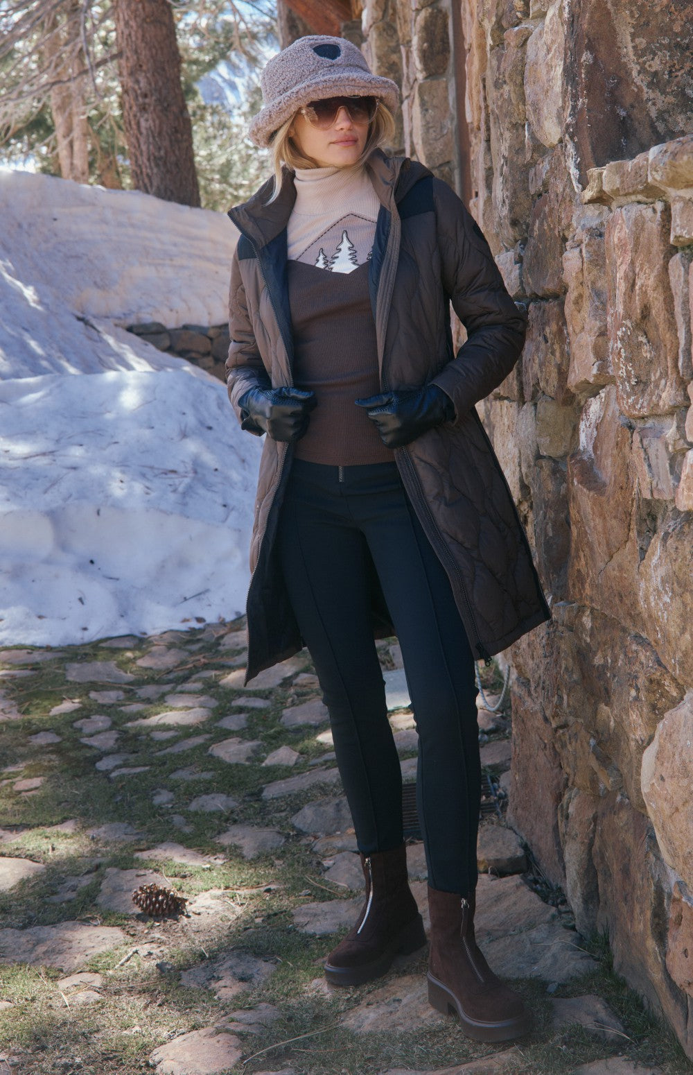 Alp N Rock Chamonix Long Jacket, dark brown quilted hooded long puffer coat for women