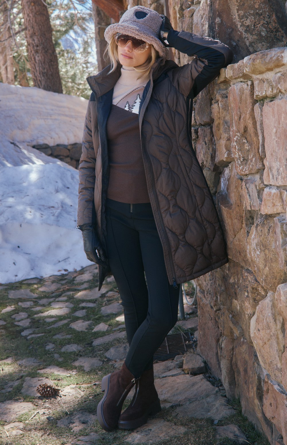 Alp N Rock Chamonix Long Jacket, dark brown quilted hooded long puffer coat for women