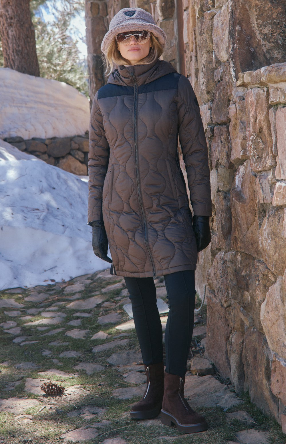 Alp N Rock Chamonix Long Jacket, dark brown quilted hooded long puffer coat for women