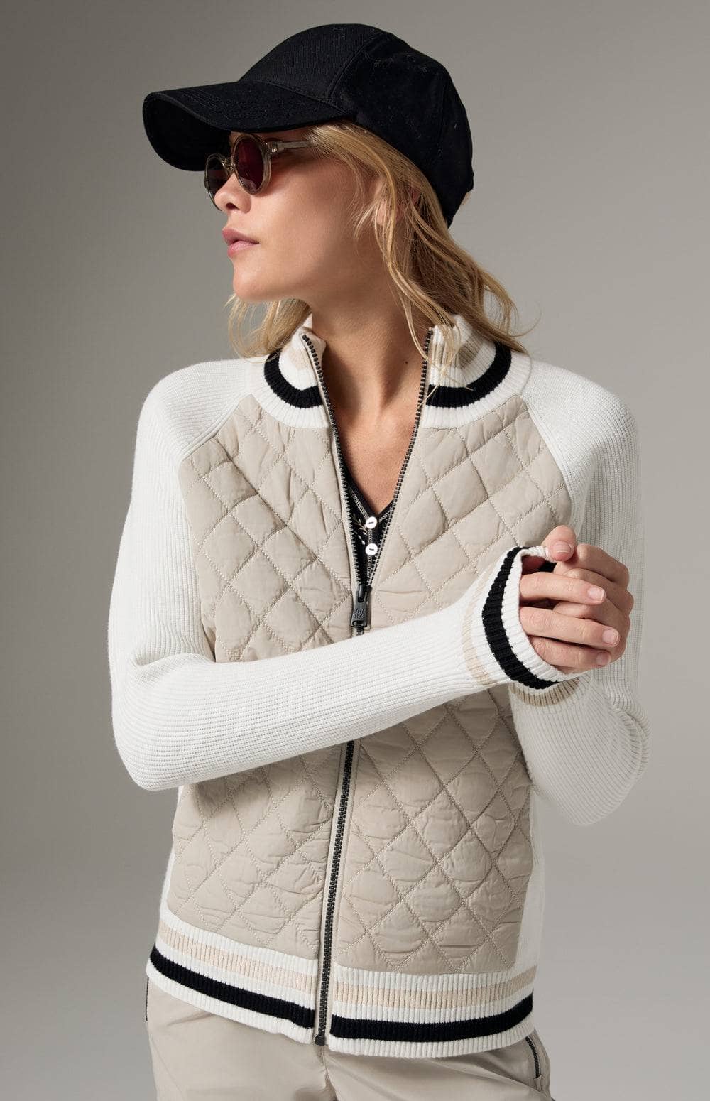 Alp N Rock Harlow Quilted Jacket, Women's White Knit Jacket with Beige Quilting, and Stripes at the Collar, Hem, and Sleeves