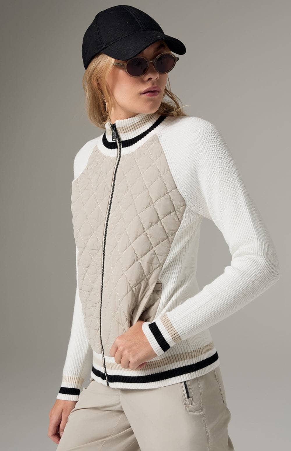 Alp N Rock Harlow Quilted Jacket, Women's White Knit Jacket with Beige Quilting, and Stripes at the Collar, Hem, and Sleeves