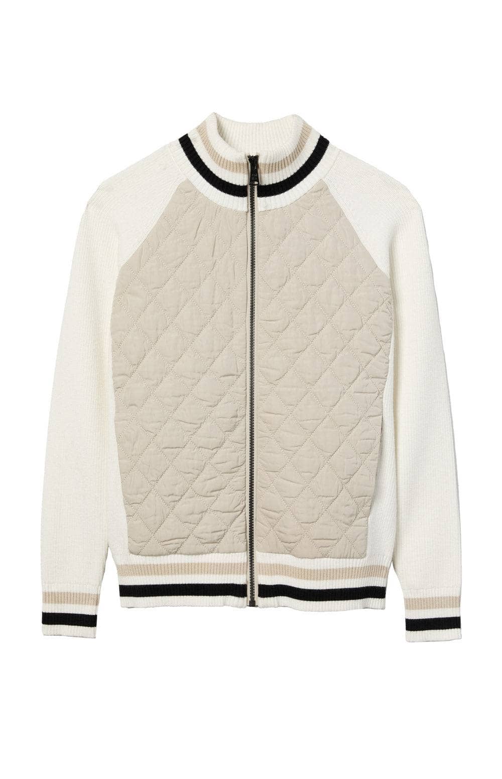 Alp N Rock Harlow Quilted Jacket, Women's White Knit Jacket with Beige Quilting, and Stripes at the Collar, Hem, and Sleeves