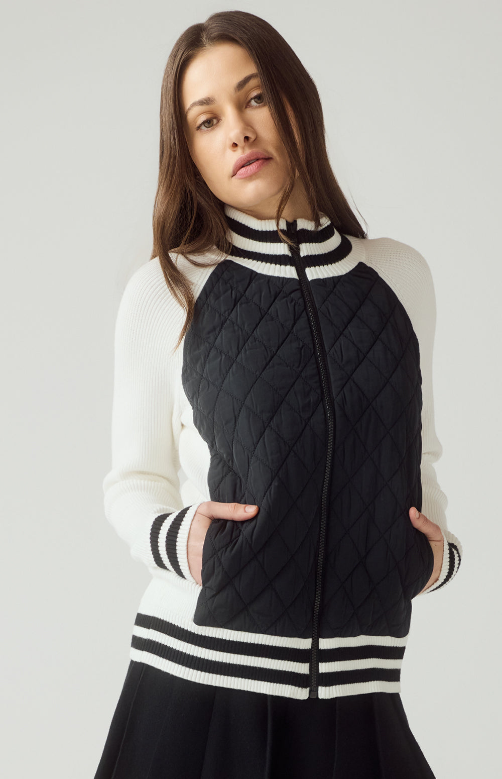 Alp N Rock Harlow Jacket, black jacket for women with knit sleeves, stripe trim, and quilted body.