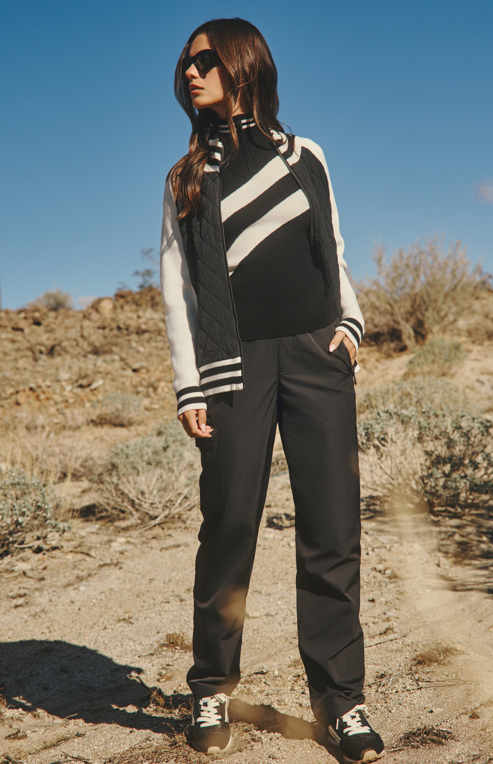 Alp N Rock Harlow Jacket, black jacket for women with knit sleeves, stripe trim, and quilted body.