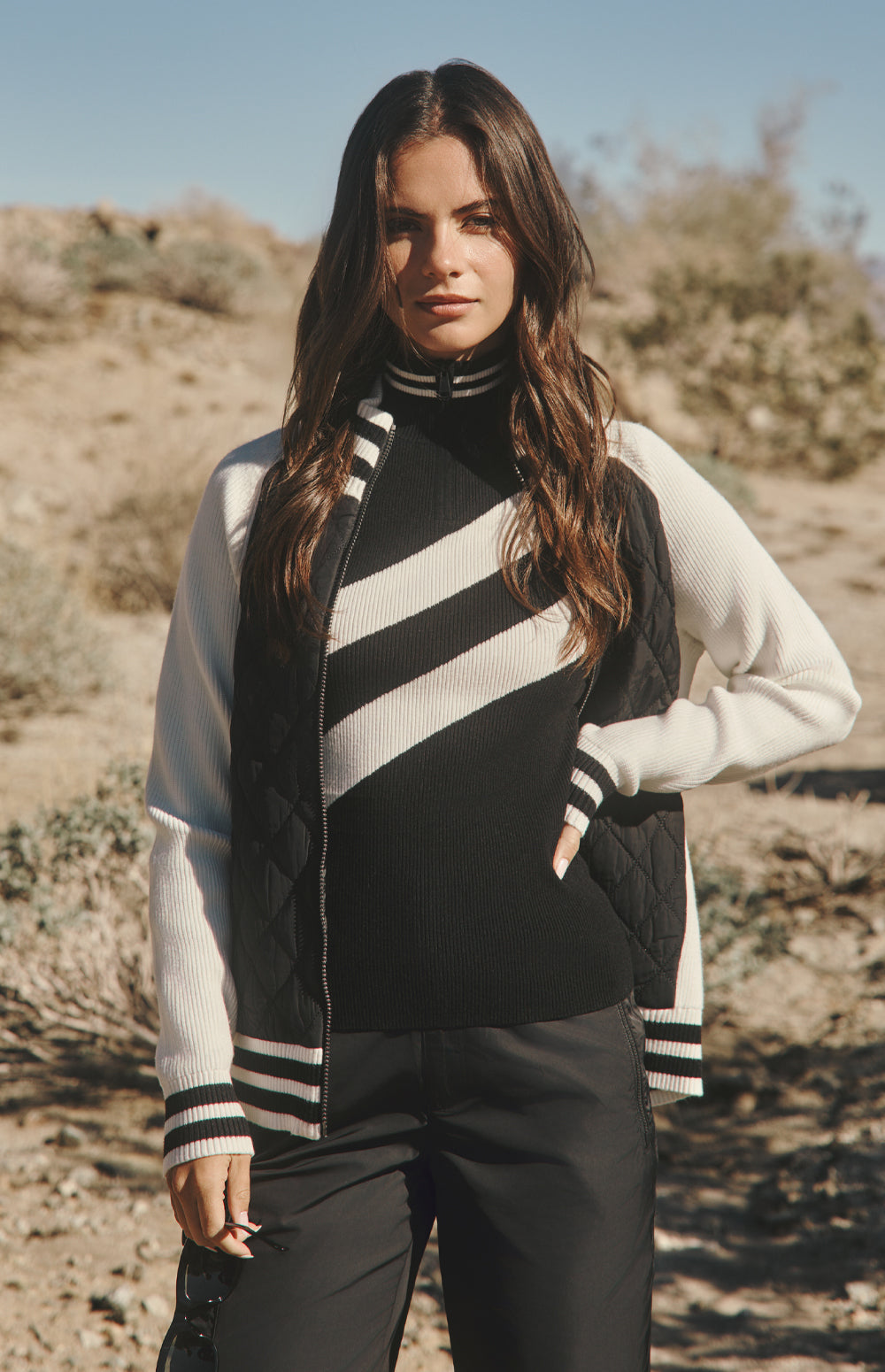 Alp N Rock Harlow Jacket, black jacket for women with knit sleeves, stripe trim, and quilted body.