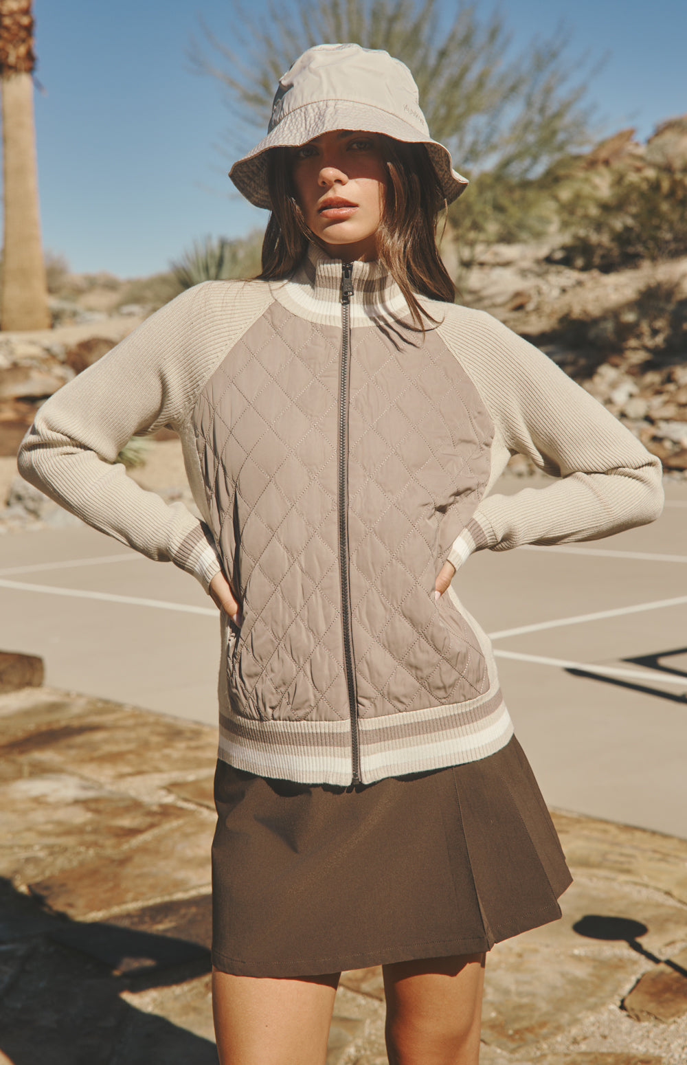 Alp N Rock Harlow Jacket, beige jacket for women with knit sleeves, stripe trim, and quilted body.