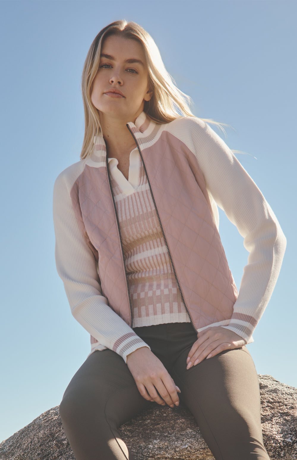 Alp N Rock Harlow Jacket, pink jacket for women with knit sleeves, stripe trim, and quilted body.