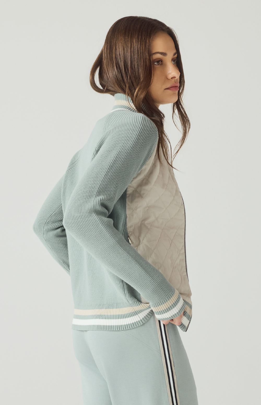 Alp N Rock Harlow Jacket, silver blue jacket for women with knit sleeves, stripe trim, and quilted body.